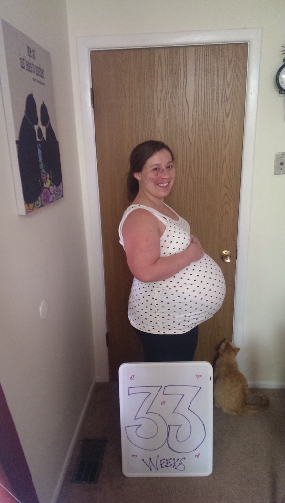 33 weeks. 60 inches tall and 57.5 inches around. Phew.