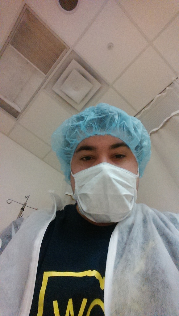As I was in the OR getting prepped Doug was taking selfie's of him in his hospital gear. 
